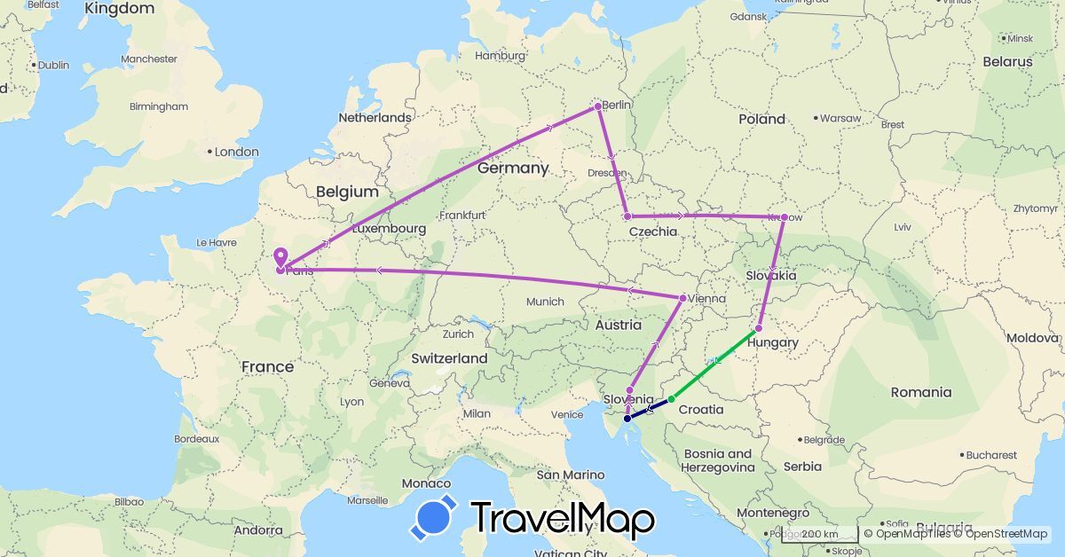 TravelMap itinerary: driving, bus, train in Austria, Czech Republic, Germany, France, Croatia, Hungary, Poland, Slovenia (Europe)